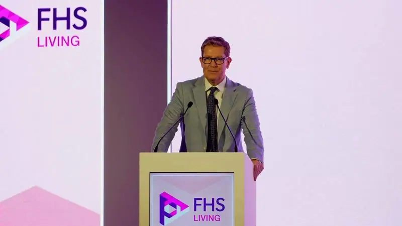 A speaker at the FHS Living podium, FHS World, Dubai